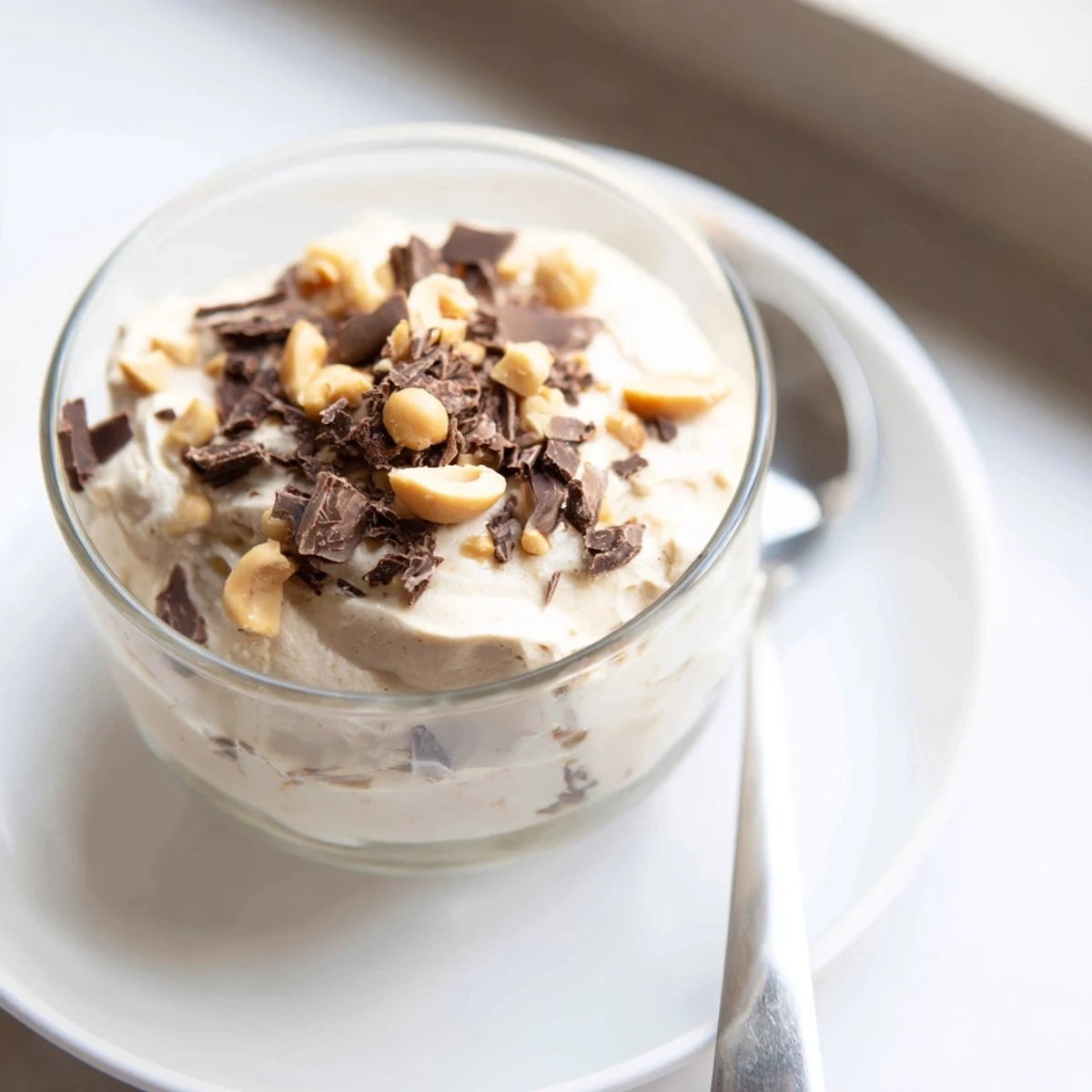 Creamy peanut butter and Cool Whip mousse topped with chopped peanuts and chocolate shavings