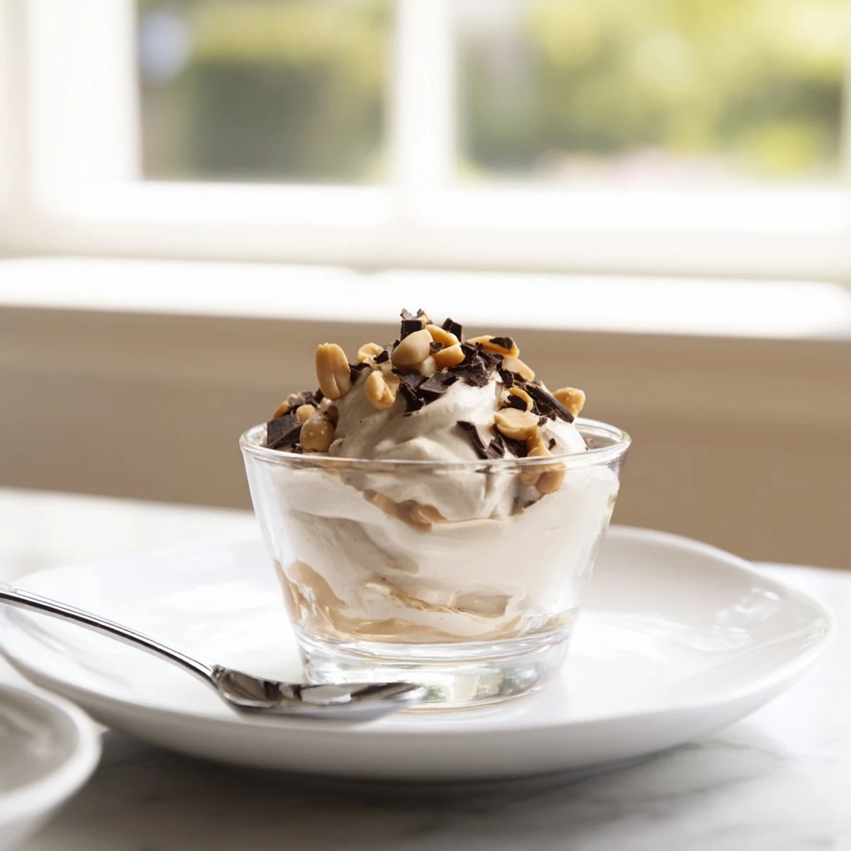 Light and fluffy peanut butter and Cool Whip mousse served in individual glass dishes