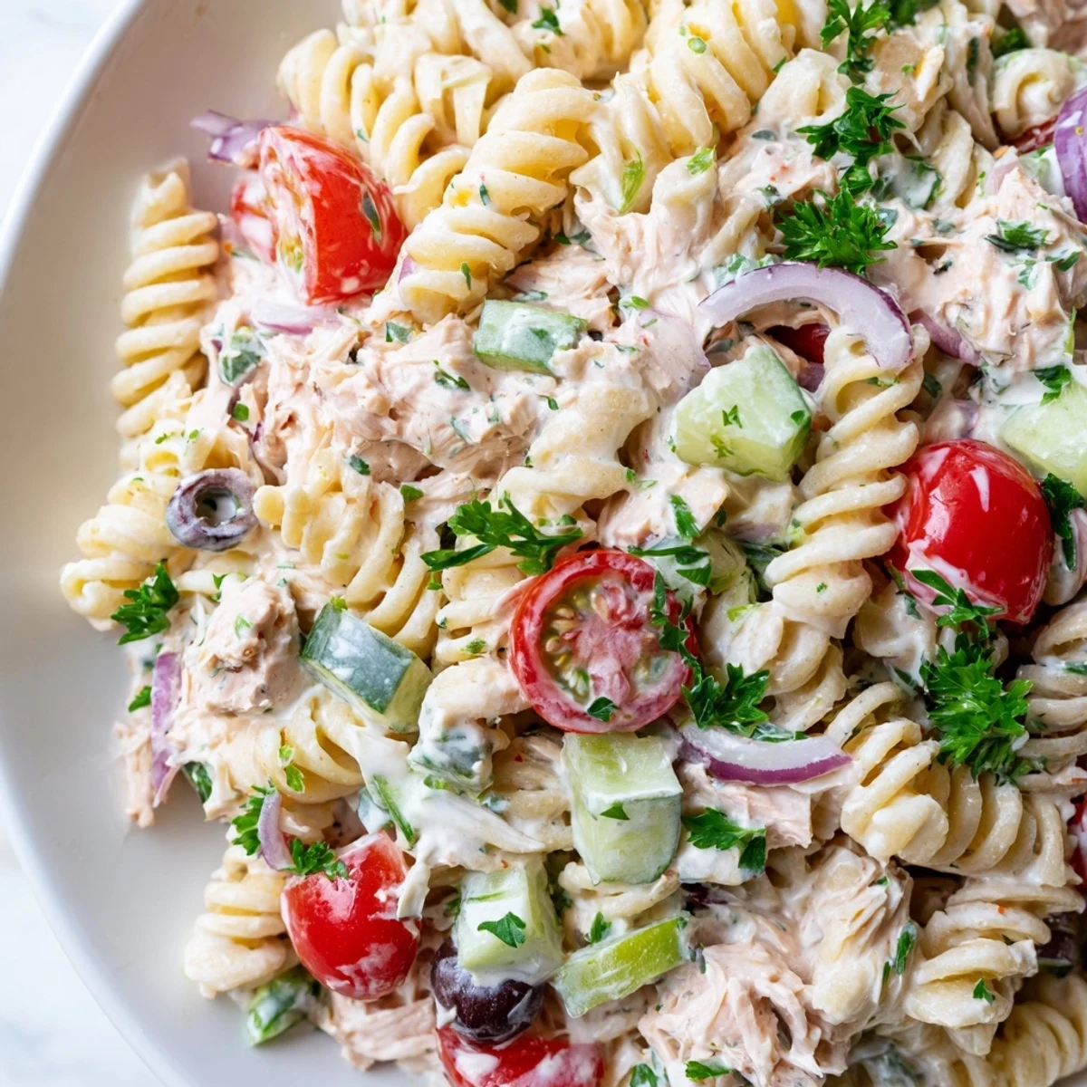 Creamy tuna pasta salad with crisp vegetables in a white serving bowl