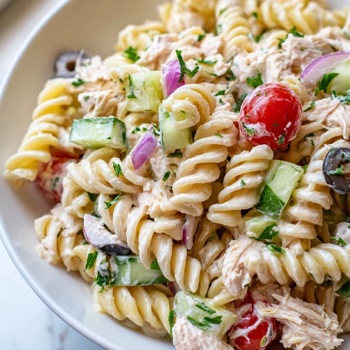 Chilled tuna pasta salad featuring tender noodles and flaky tuna