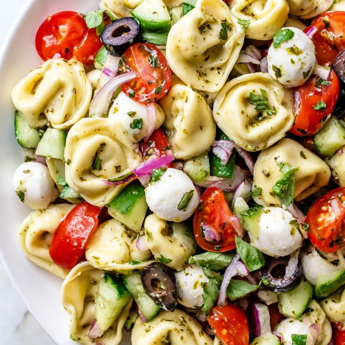 Colorful tortellini pasta salad with cherry tomatoes, cucumber, and mozzarella in zesty Italian dressing