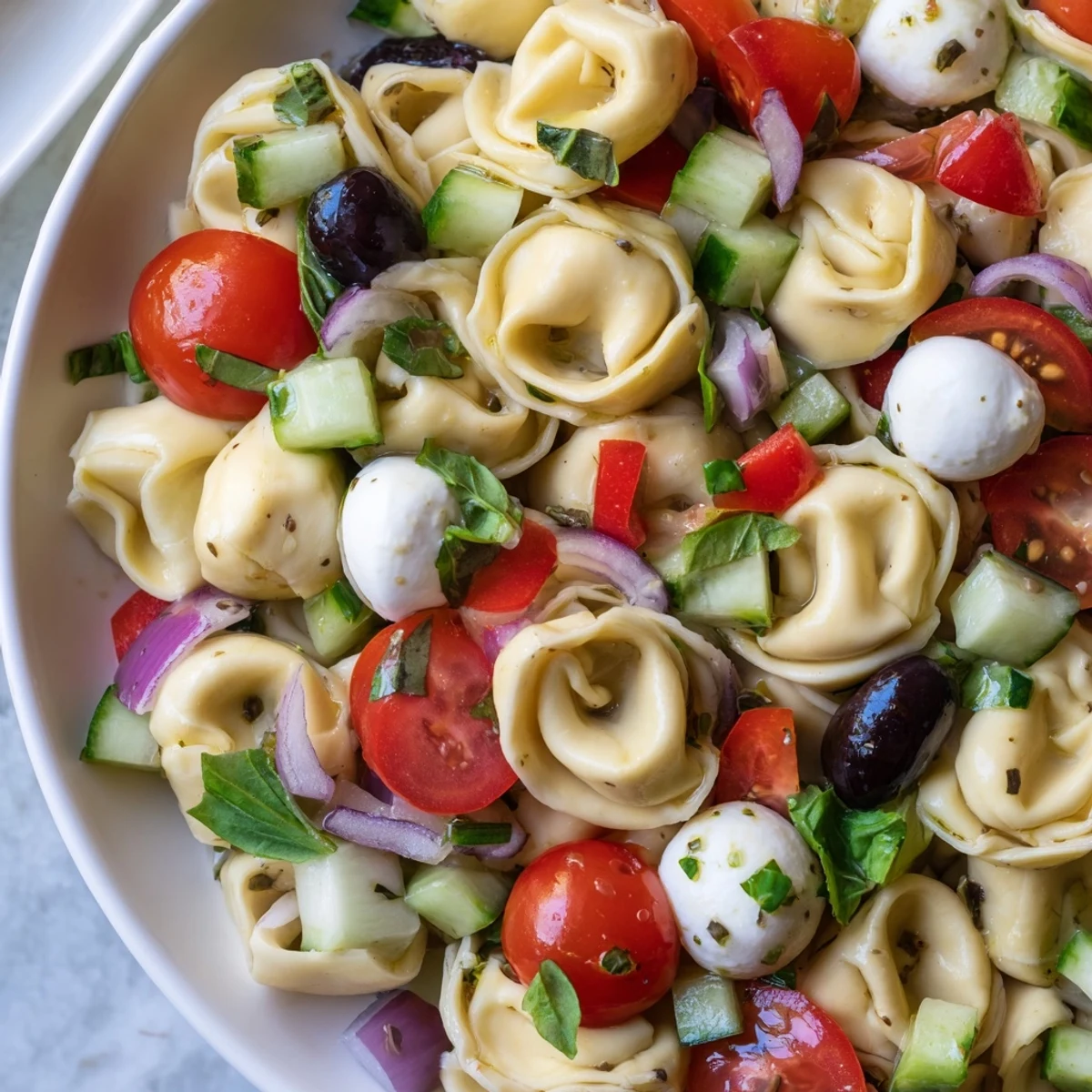 Cheese-filled tortellini pasta salad tossed with crisp vegetables and fresh basil for picnics