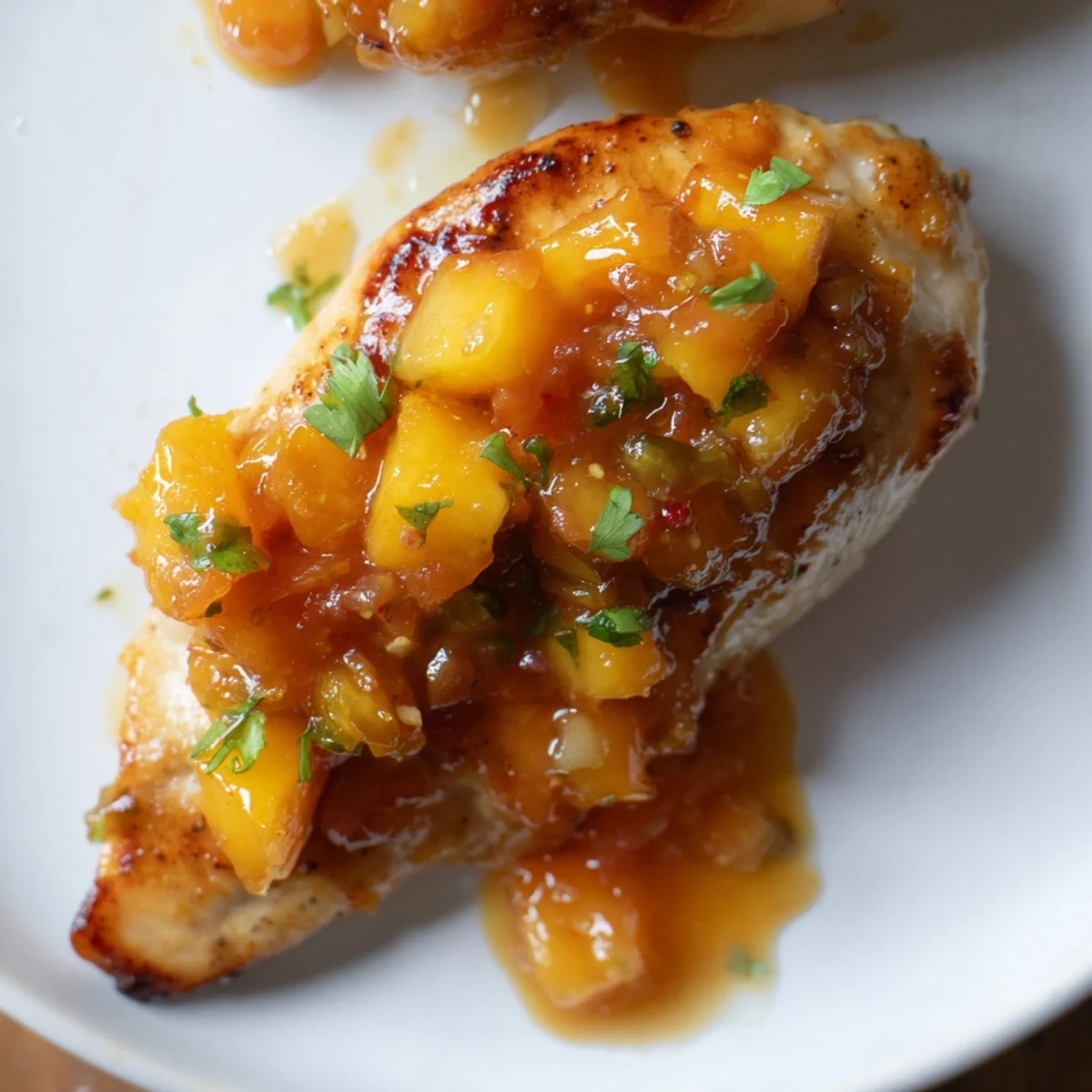 Juicy Jalapeno Peach Chicken glazed with sweet-spicy sauce on a white plate