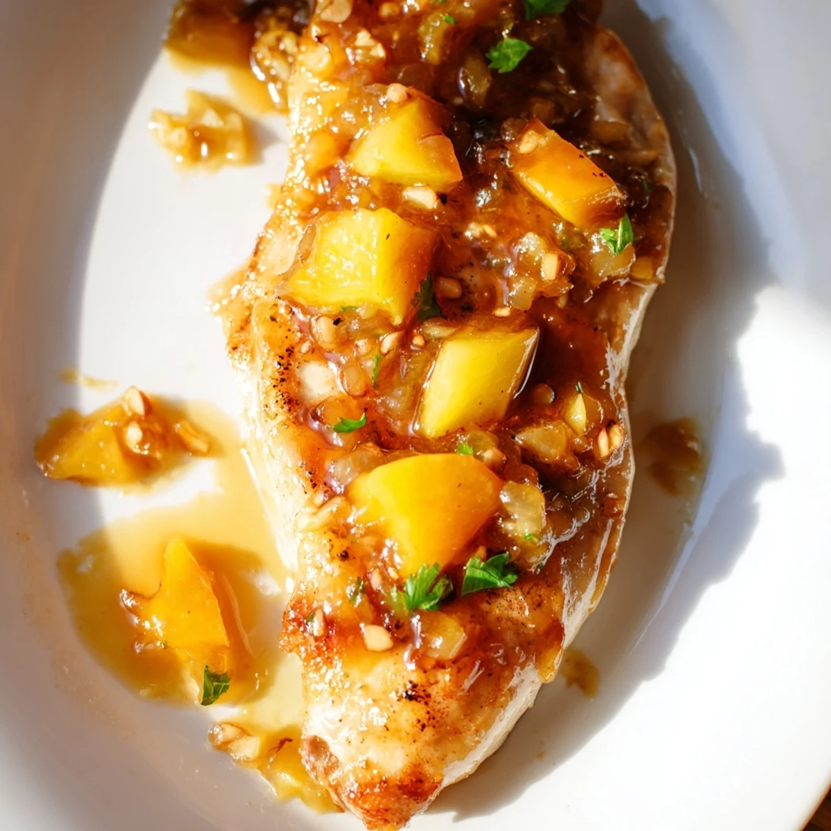 Golden seared Jalapeno Peach Chicken topped with fresh peach slices and cilantro