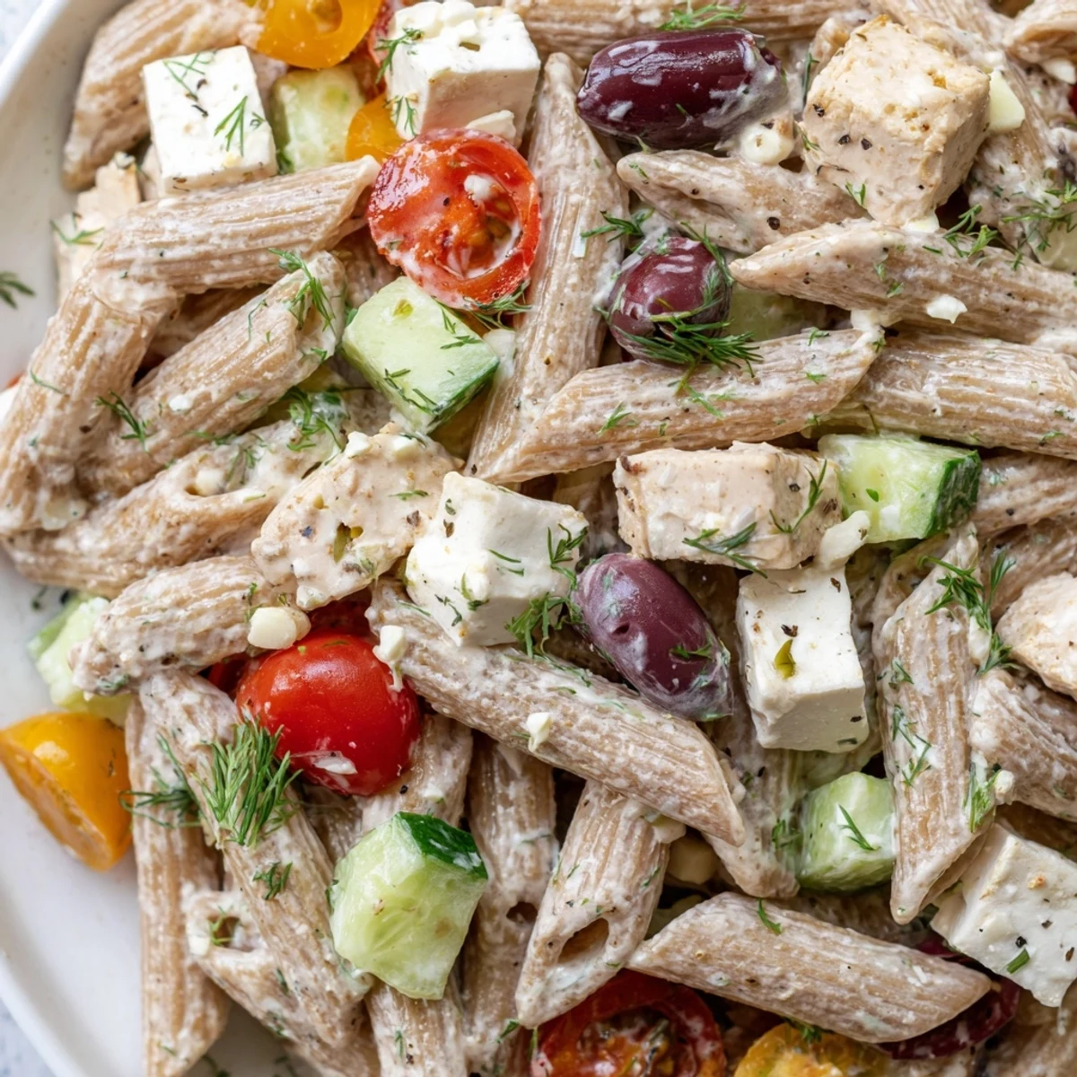 Colorful High Protein Greek Pasta Salad in a bowl with feta, tomatoes, and olives