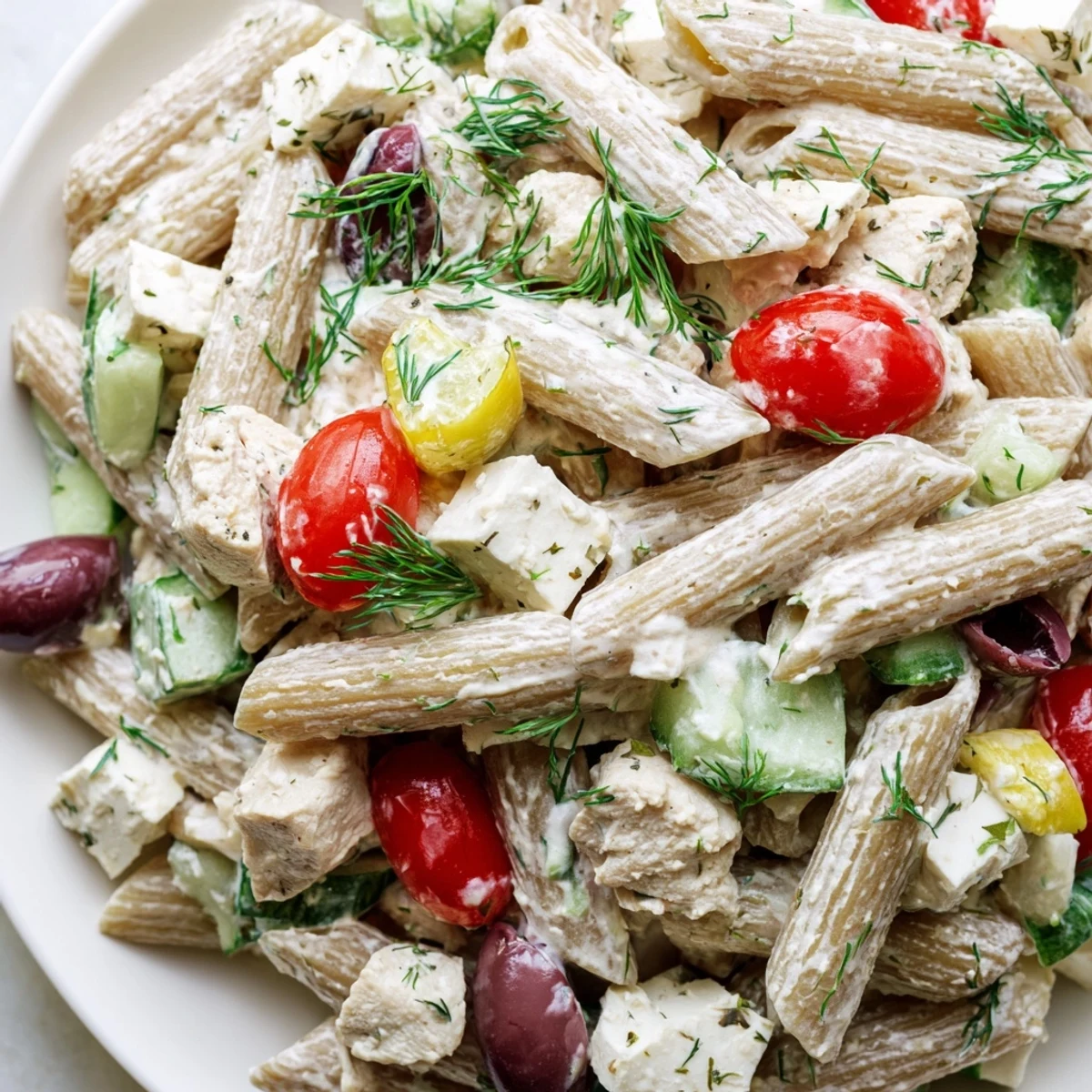 High Protein Greek Pasta Salad topped with creamy feta and fresh cucumber slices