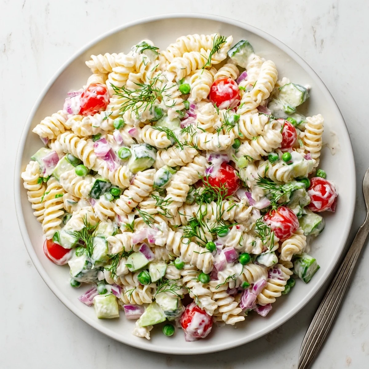 Creamy ranch pasta salad in a large bowl with colorful diced vegetables and herbs