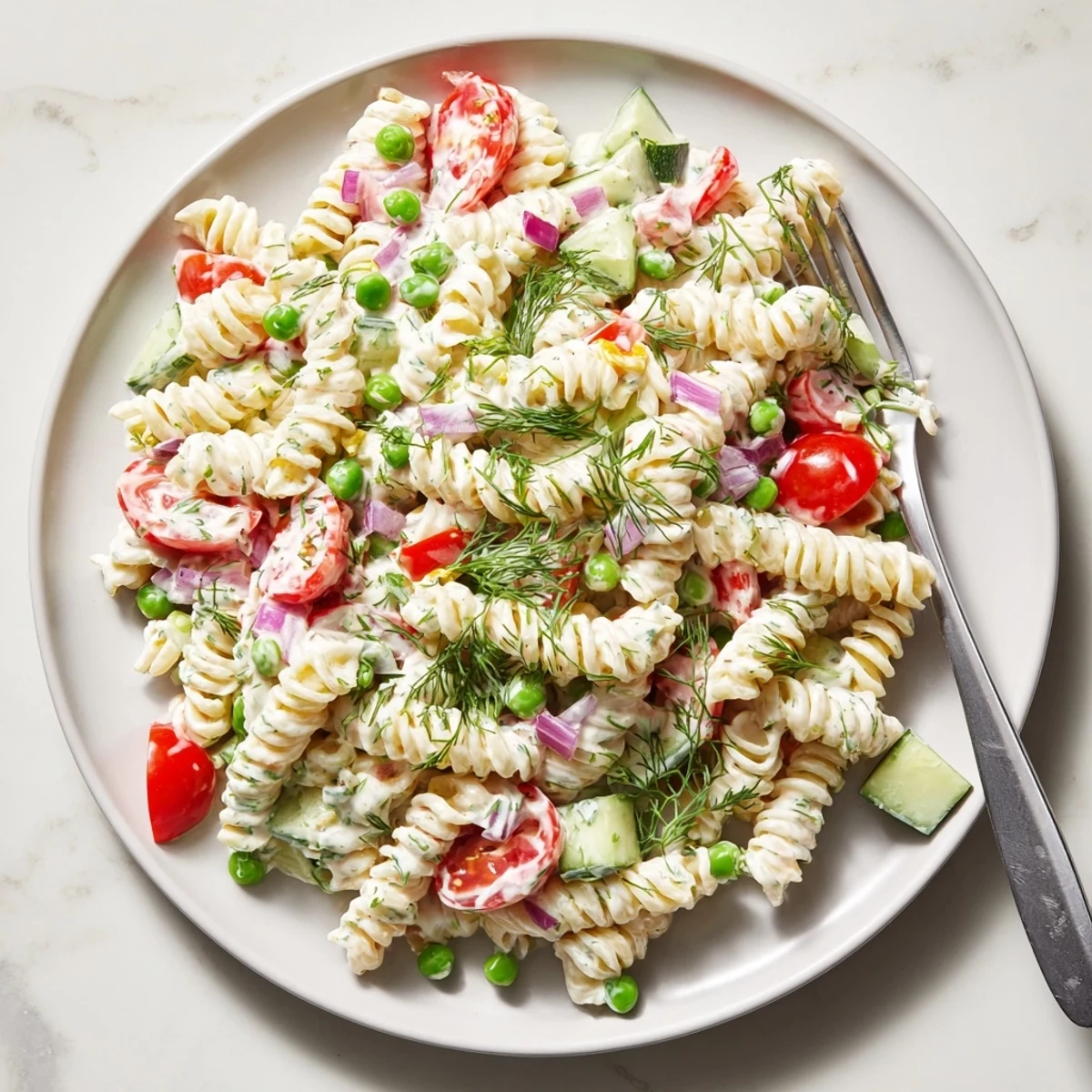 Chilled creamy ranch pasta salad topped with cherry tomatoes, cucumber, and fresh dill