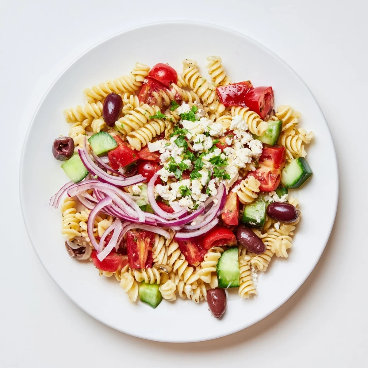 Colorful Greek pasta salad topped with crumbled feta cheese, olives, and fresh vegetables in bowl