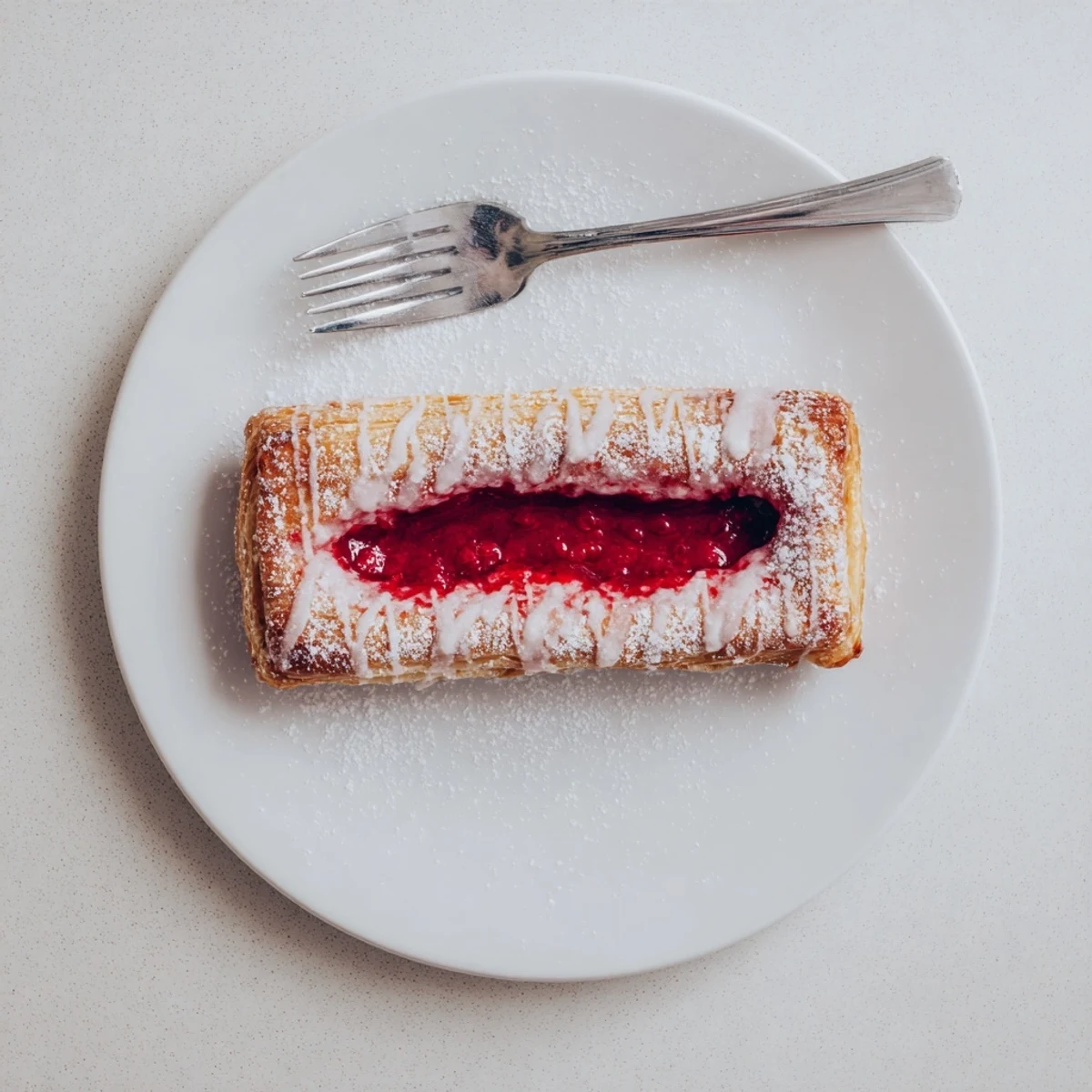 Golden Sourdough Discard Raspberry Cream Cheese Danishes drizzled with sweet vanilla glaze on a rustic baking sheet