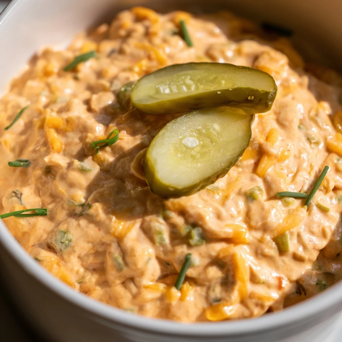Creamy buffalo pickle dip in a serving bowl surrounded by crispy chips and fresh veggie sticks