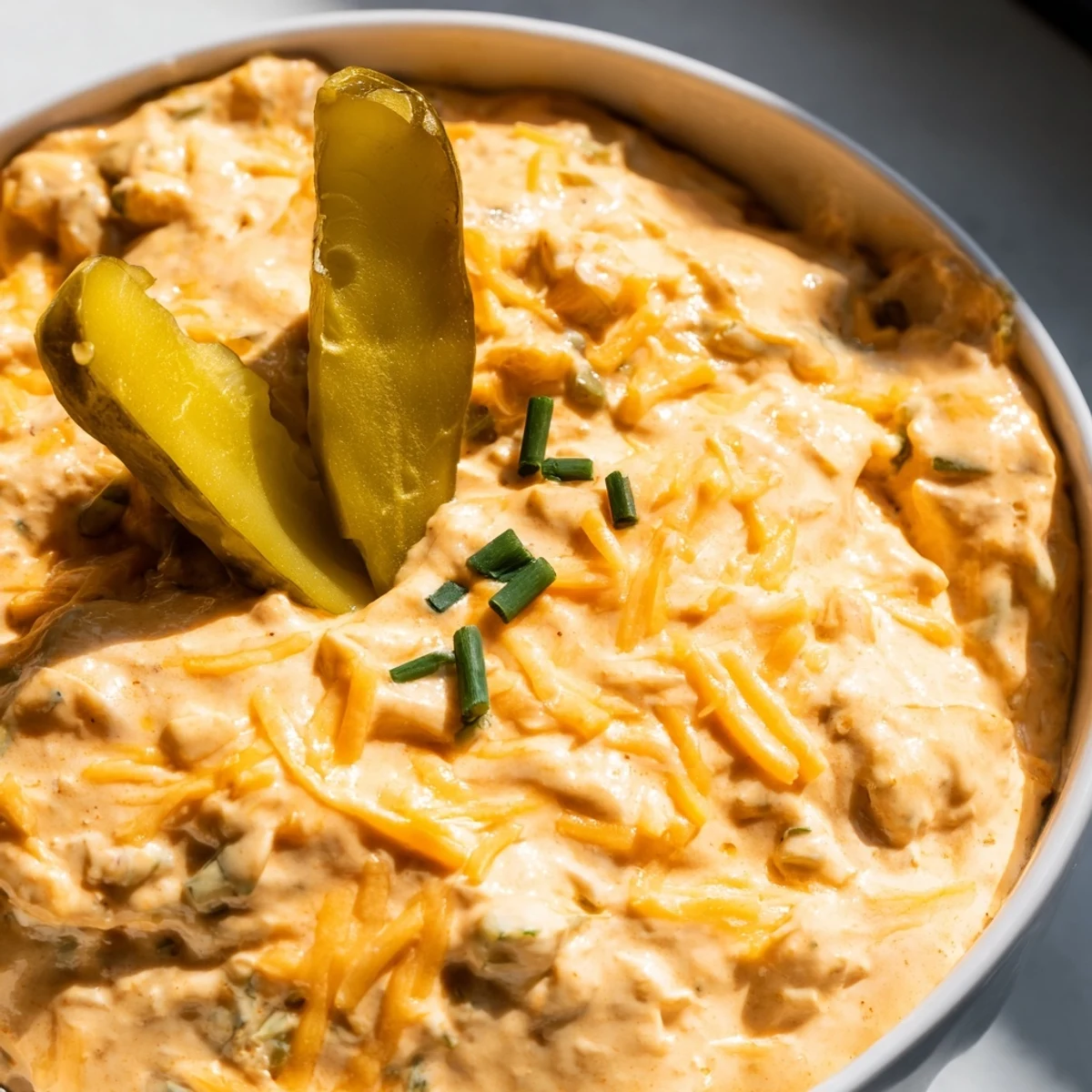 Tangy buffalo pickle dip topped with cheddar cheese and chopped chives in a rustic bowl