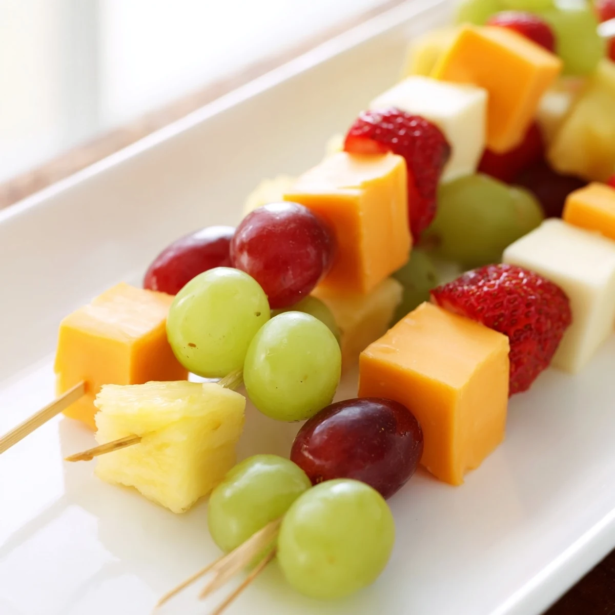 Colorful fruit and cheese kabobs arranged on wooden skewers for party appetizers
