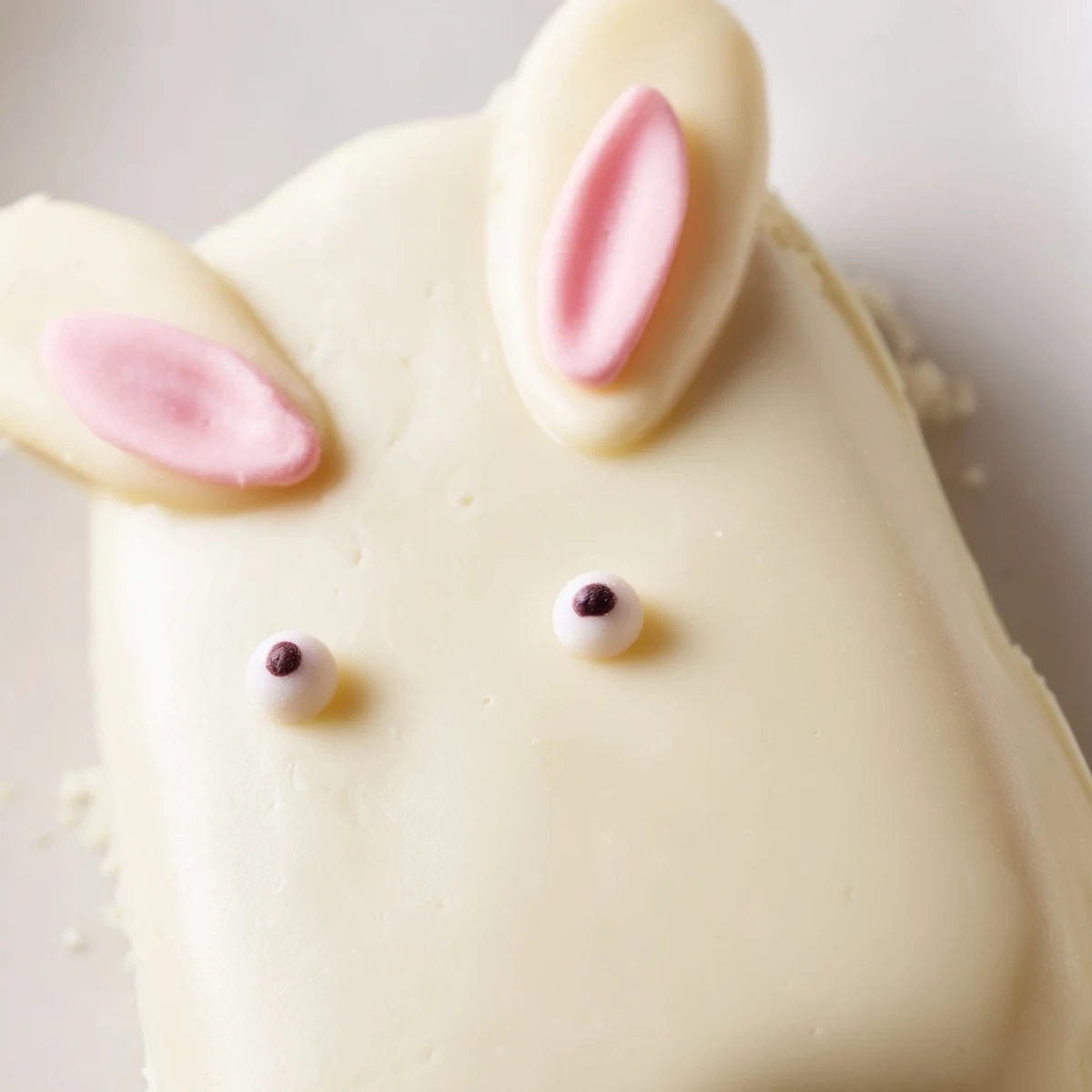 Adorable white chocolate bunny cakesicles with candy eyes on a parchment-lined baking sheet