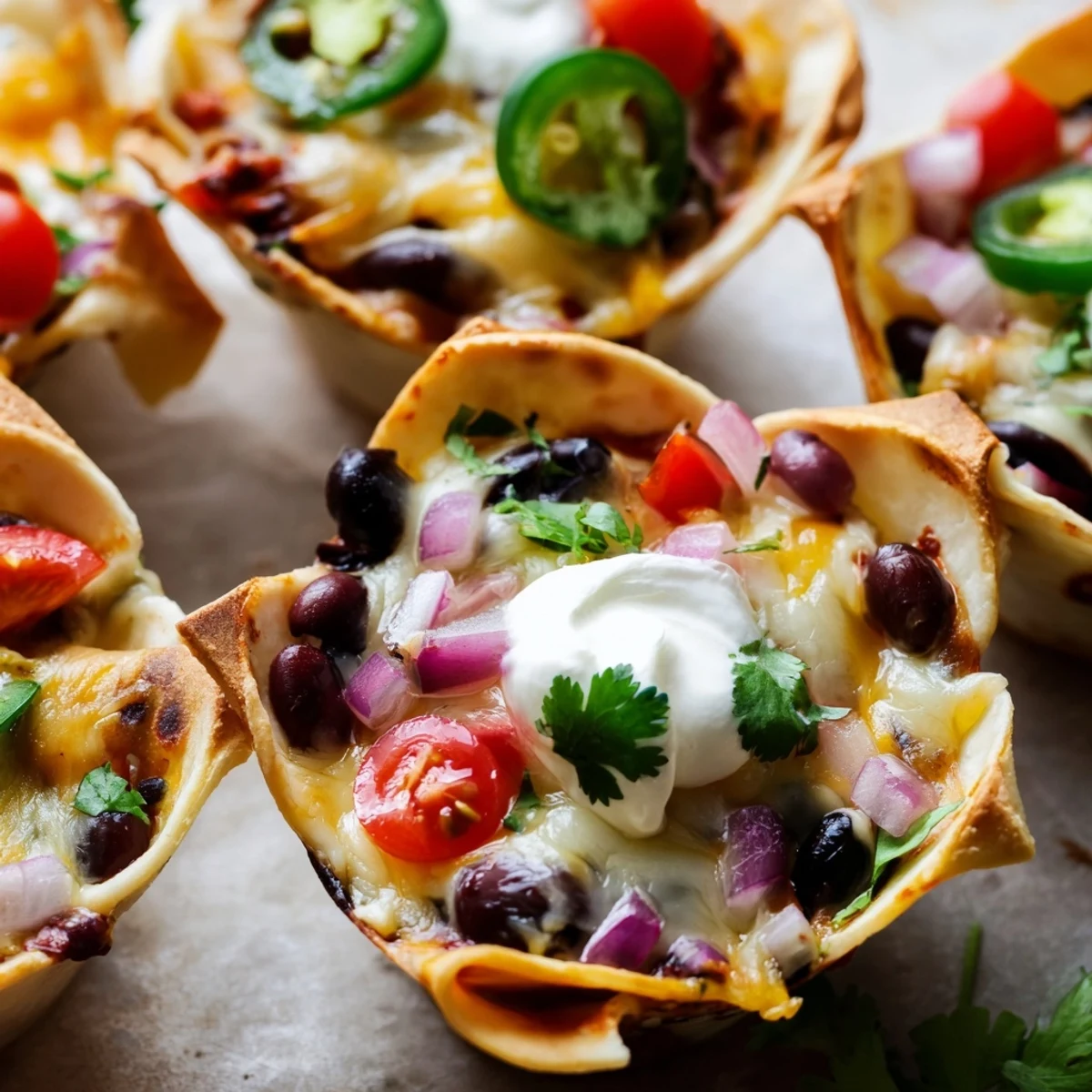 Golden cheesy nacho cups with melted cheddar, beans, and colorful fresh toppings