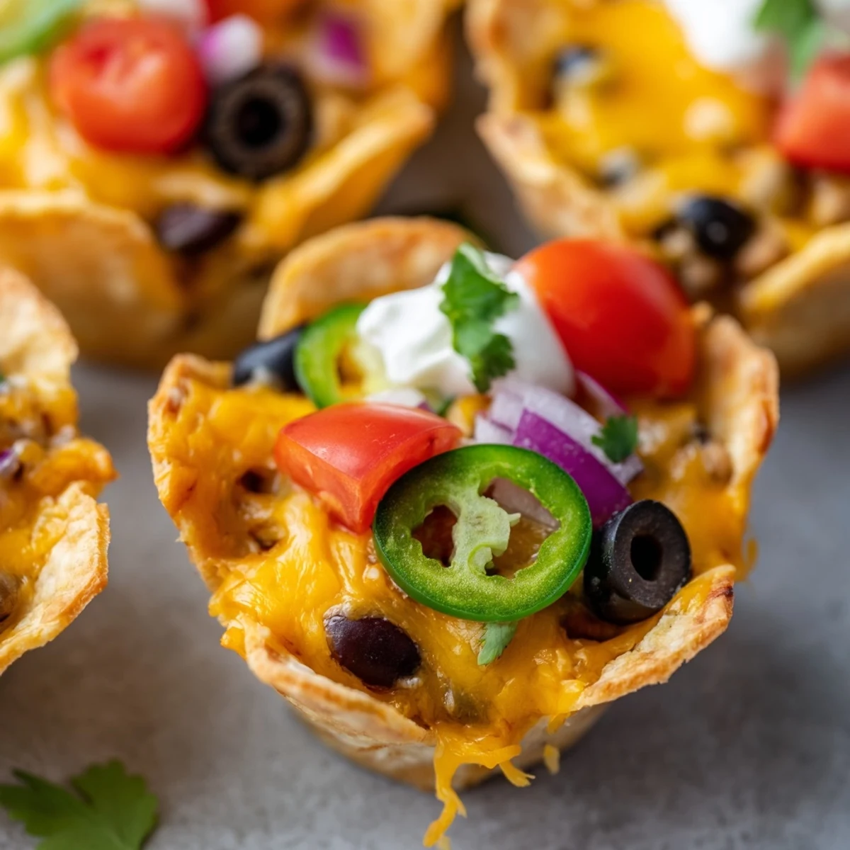 Crispy tortilla cups bubbling with melted cheese and zesty game day nacho toppings