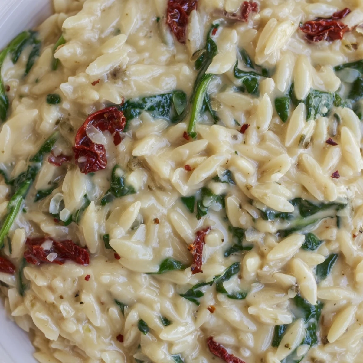 Creamy Tuscan orzo in a skillet with sun-dried tomatoes, spinach, and melted Parmesan cheese