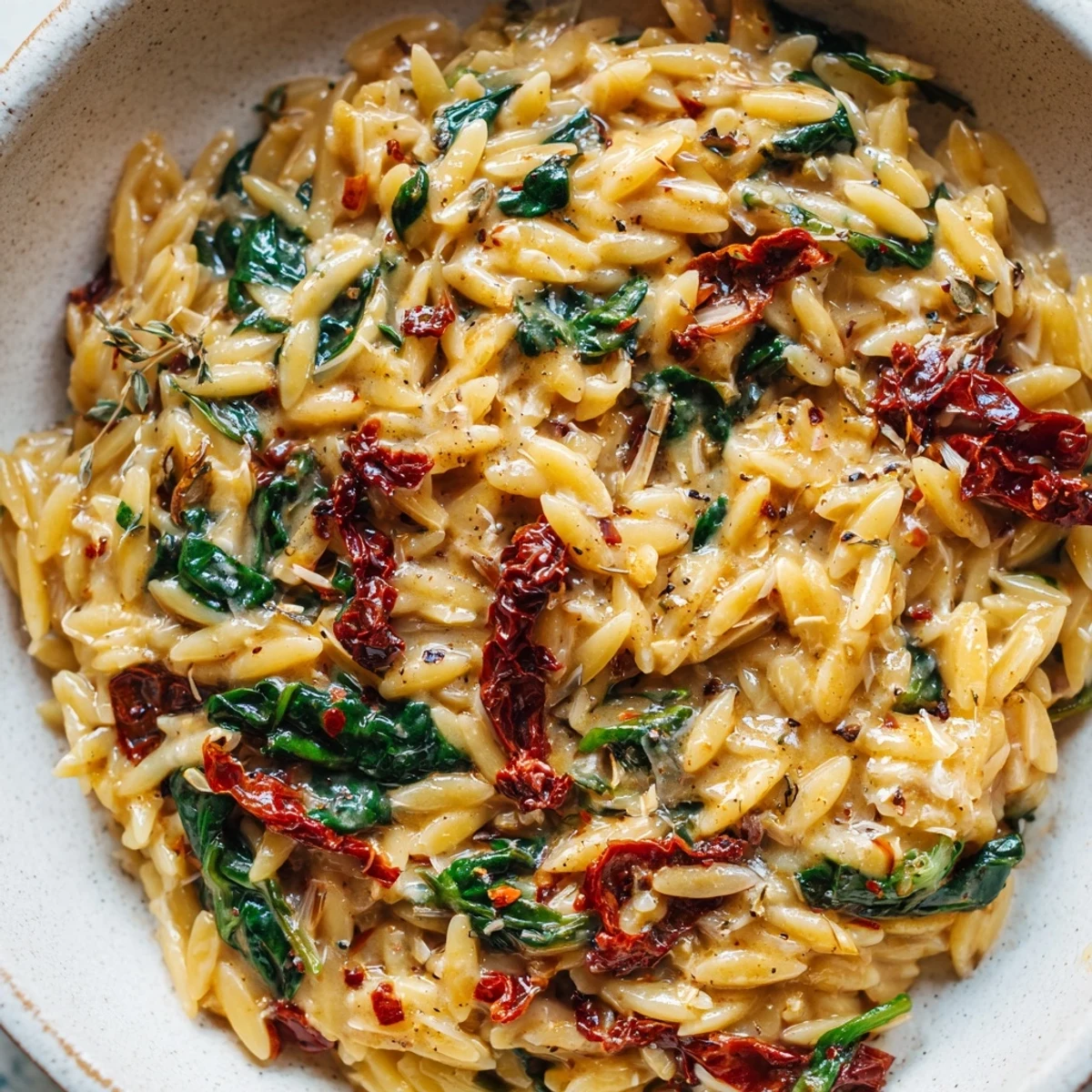 Warm bowl of Creamy Tuscan orzo topped with fresh basil and extra grated Parmesan