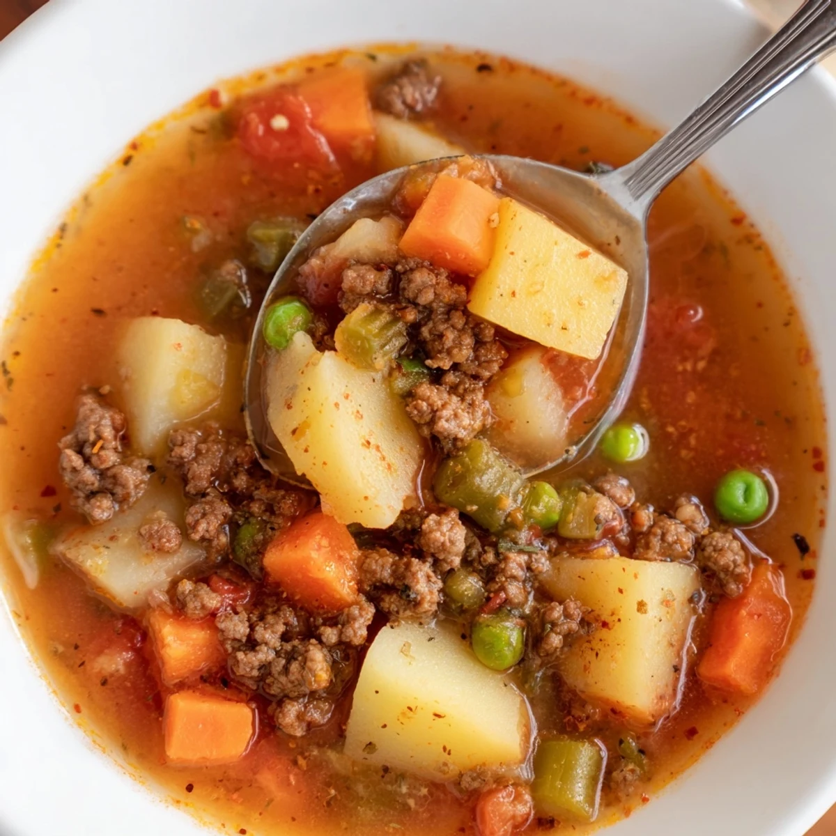 Steaming bowl of ground beef and potato soup with tender chunks and herbs
