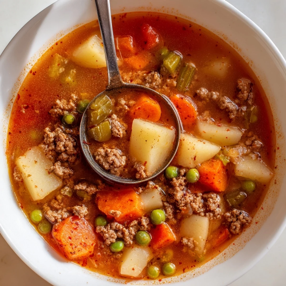 Hearty ground beef and potato soup garnished with parsley in white bowl