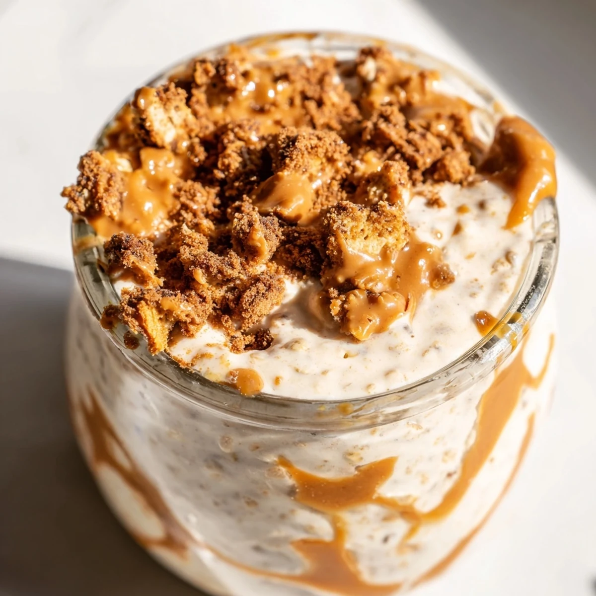 Creamy Biscoff overnight oats topped with crushed cookie pieces in a glass jar