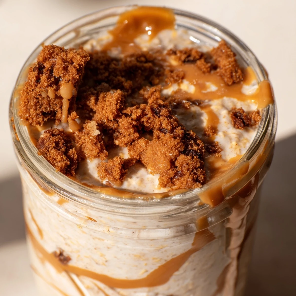 Biscoff overnight oats served chilled with melted cookie butter drizzle and fresh fruit