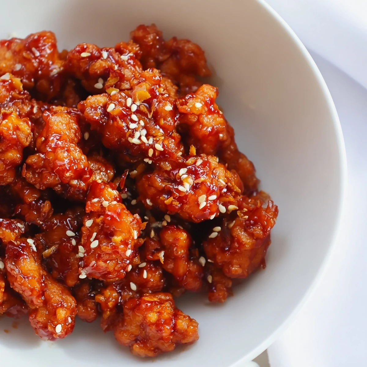 Firecracker ground chicken bowls topped with fresh cucumber, carrots, and sesame seeds
