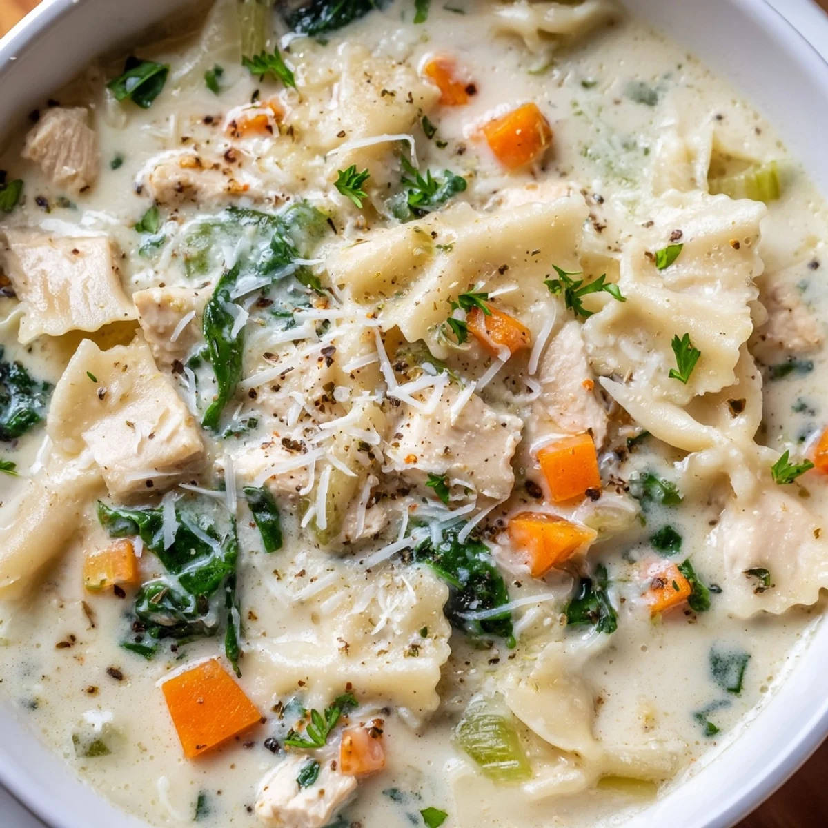 Creamy Italian White Lasagna Soup in a white bowl with melted cheese and fresh parsley garnish