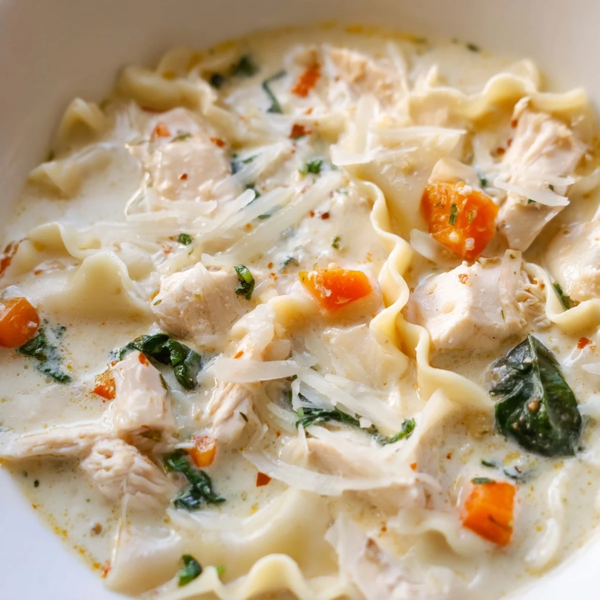 Steaming bowl of Italian White Lasagna Soup featuring tender chicken spinach and broken lasagna noodles