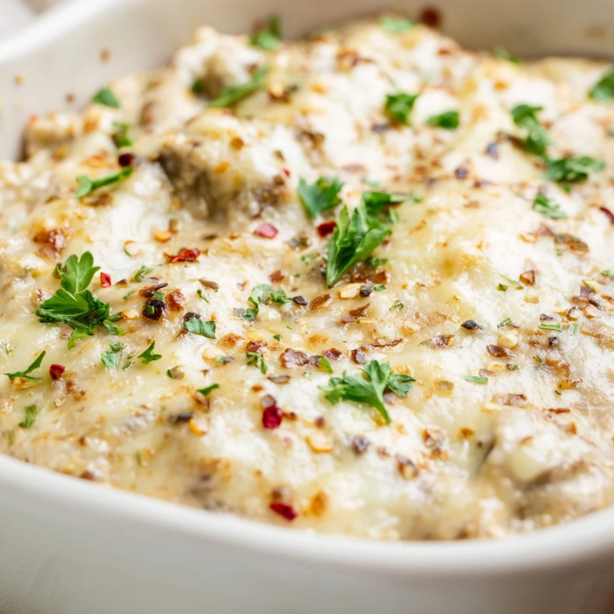 Creamy stuffed mushroom dip in a golden bubbling baking dish ready for serving
