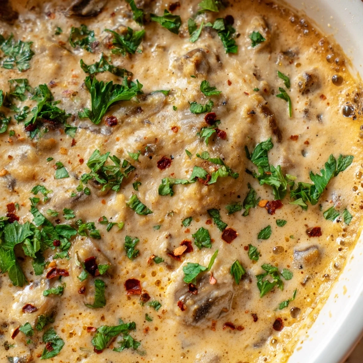 Warm stuffed mushroom dip topped with fresh parsley served alongside toasted baguette slices