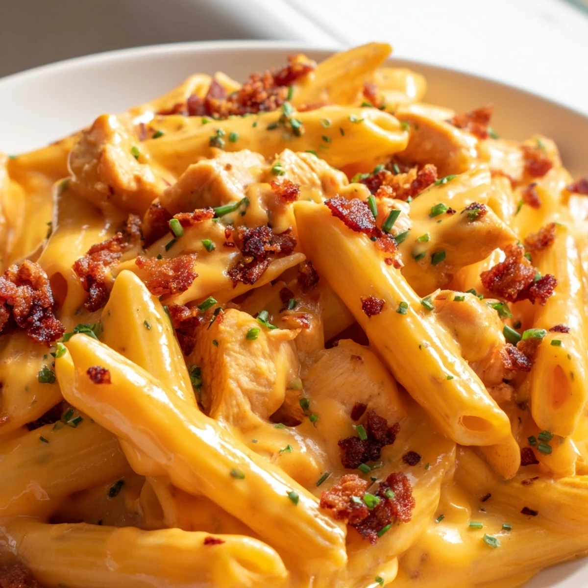 Creamy crack chicken pasta topped with crispy beef bacon and fresh green herbs in white bowl