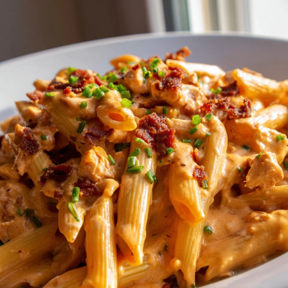 Tender chicken and crispy beef bacon tossed in rich cheddar sauce coating penne pasta perfectly