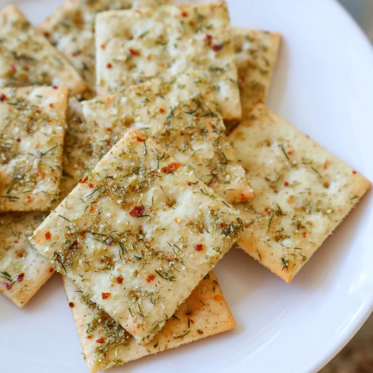Crispy dill pickle saltines coated in a buttery herb mixture fresh from the oven