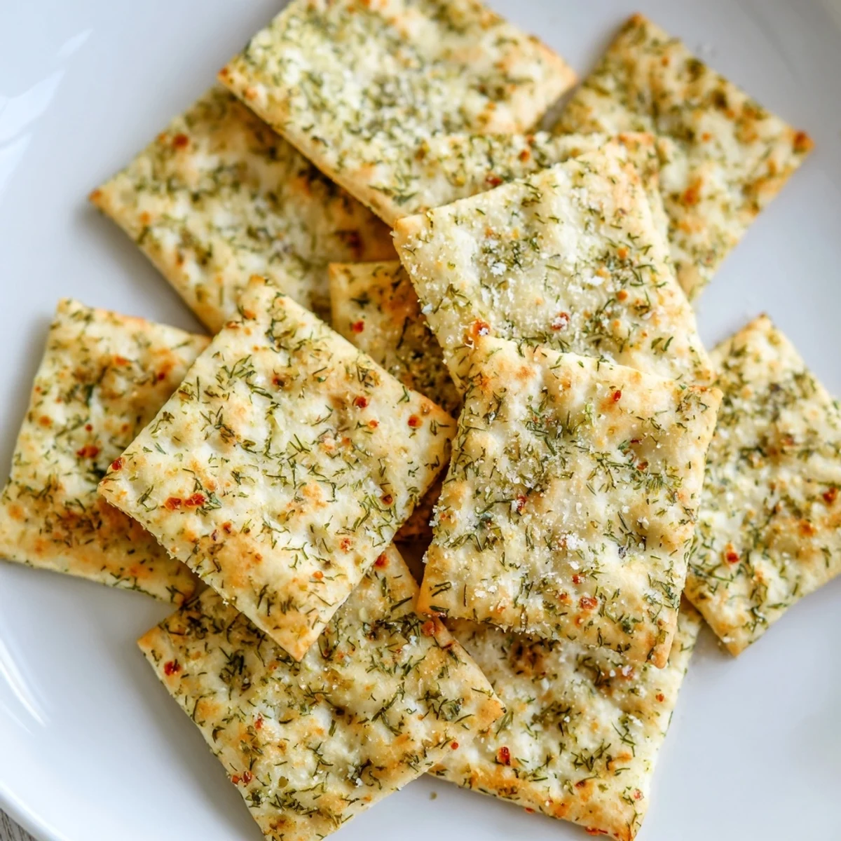 Warm dill pickle saltines brushed with tangy garlic butter on a baking sheet