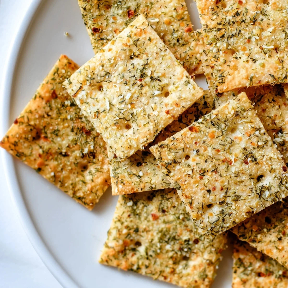 Golden dill pickle saltines arranged on parchment with flecks of green herbs