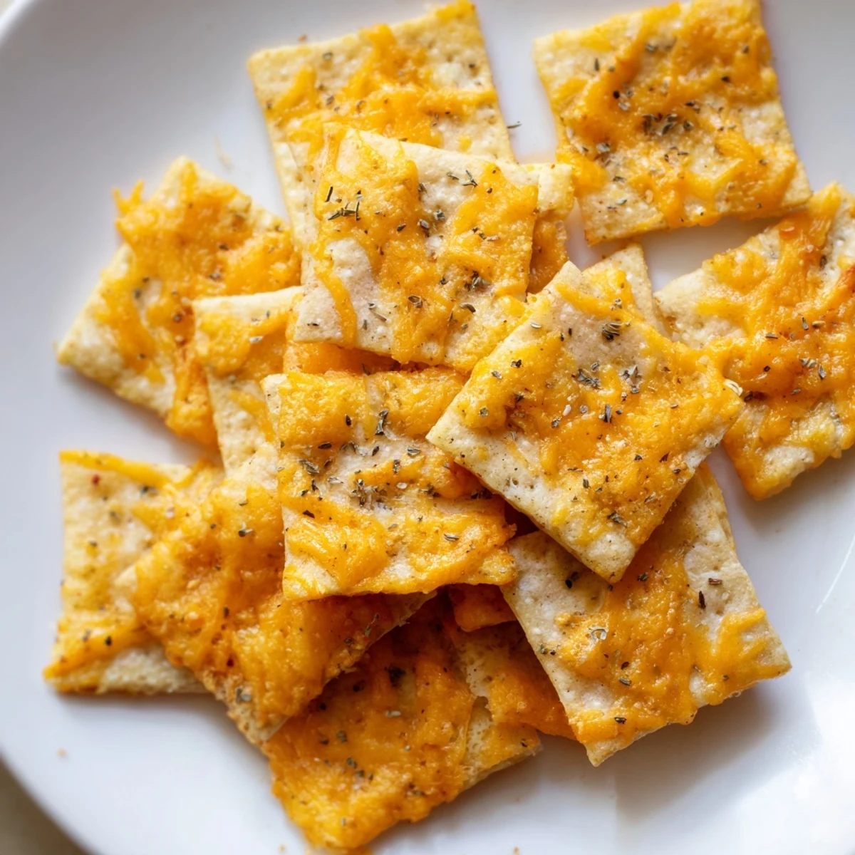 Golden crispy taco crackers sprinkled with melted cheddar and fragrant dried oregano