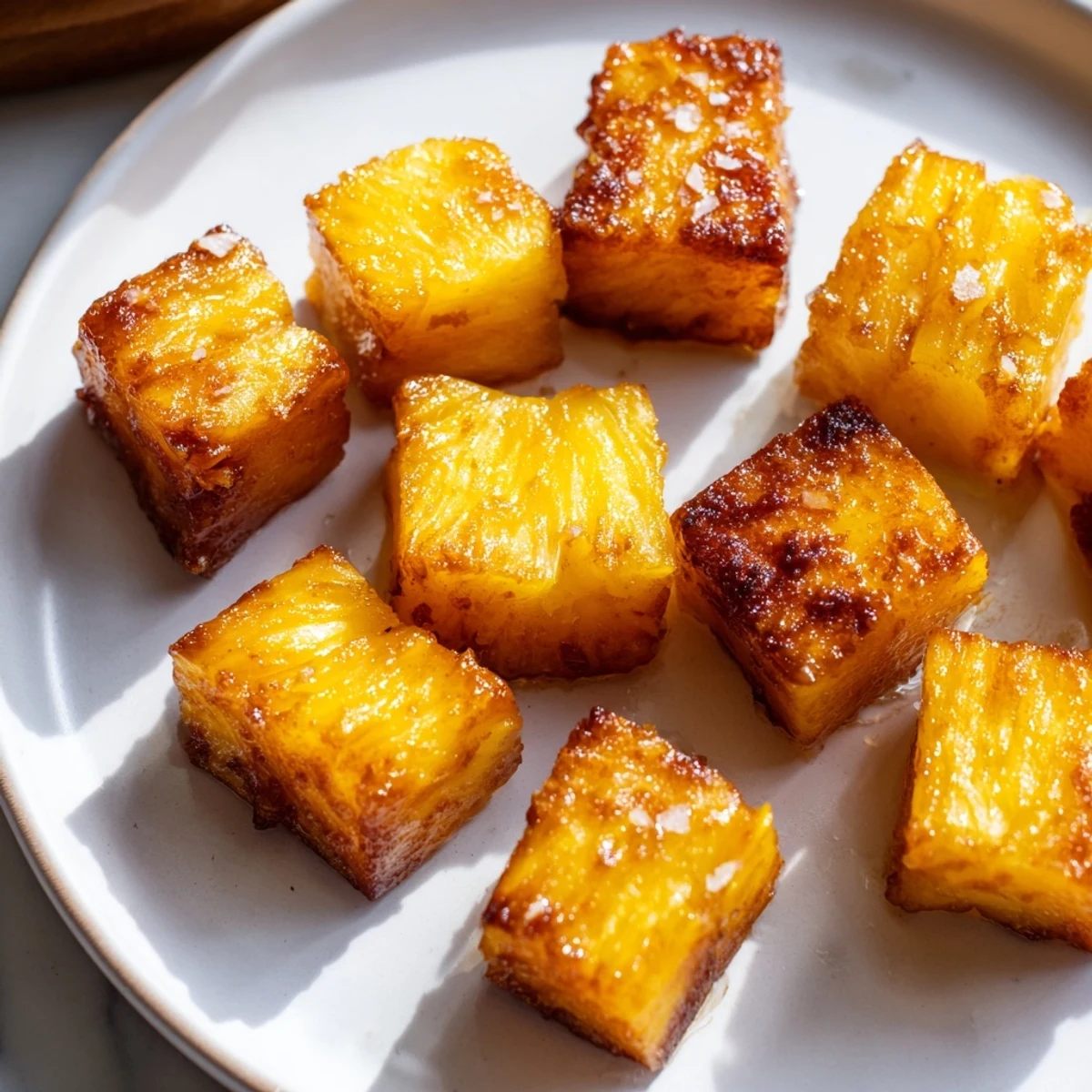 Golden caramelized air fryer pineapple chunks with cinnamon, served warm in a rustic bowl.