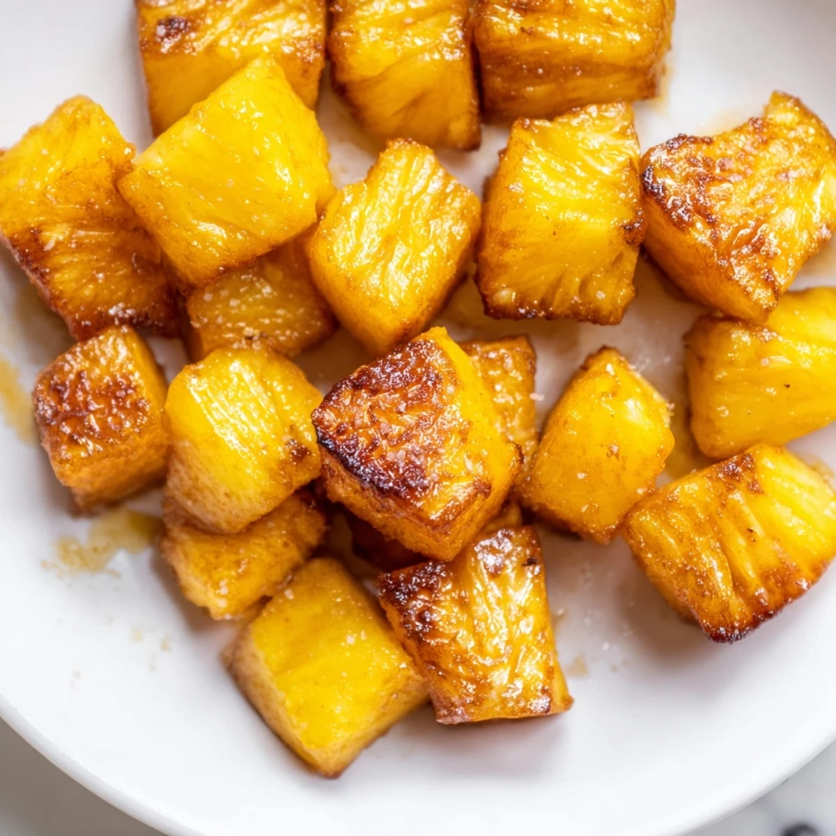 Crispy-edged air fryer pineapple chunks glistening with brown sugar on a white plate.