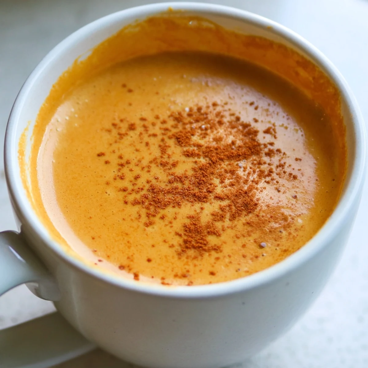 Creamy goguma latte topped with cinnamon in a cozy mug