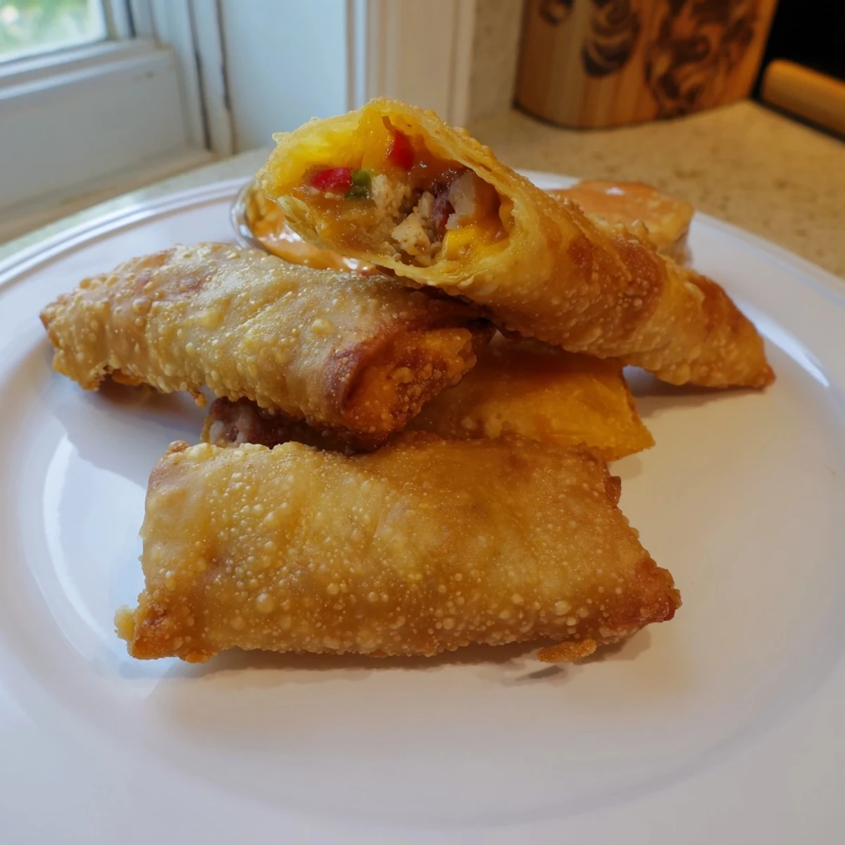 Golden crispy voodoo egg rolls with spicy Cajun filling served hot