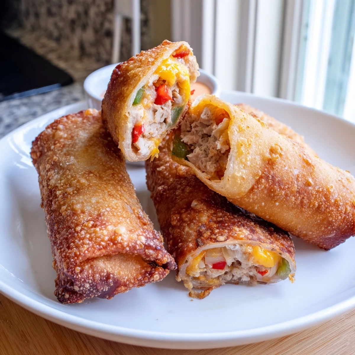 Voodoo egg rolls fried until crunchy alongside creamy remoulade dipping sauce