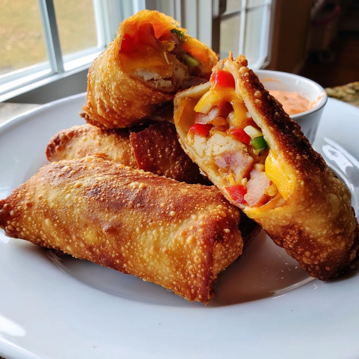 Platter of voodoo egg rolls showcasing golden wrappers stuffed with smoky andouille