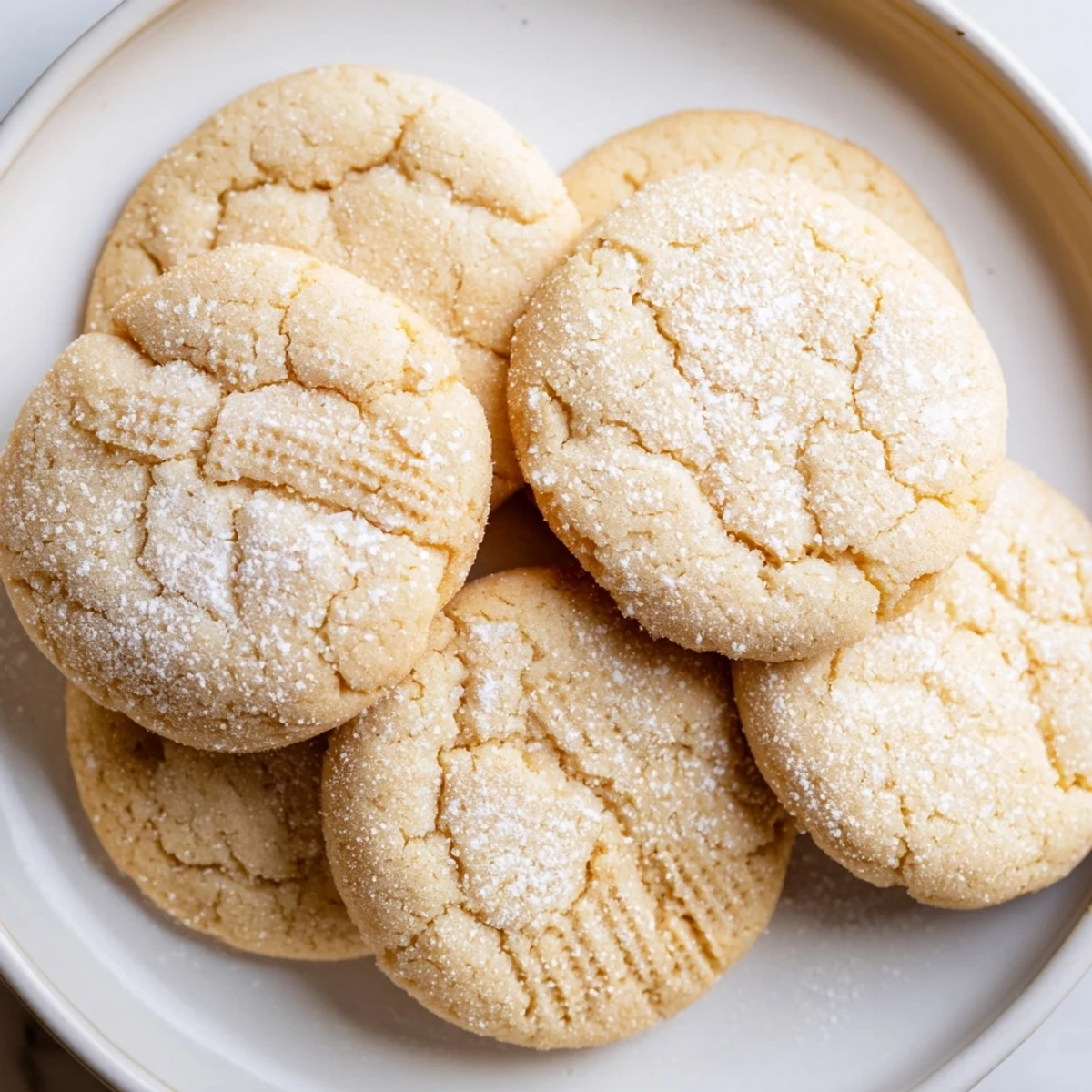 Golden Grandma's Secret Butter Cookies dusted with powdered sugar on a rustic plate