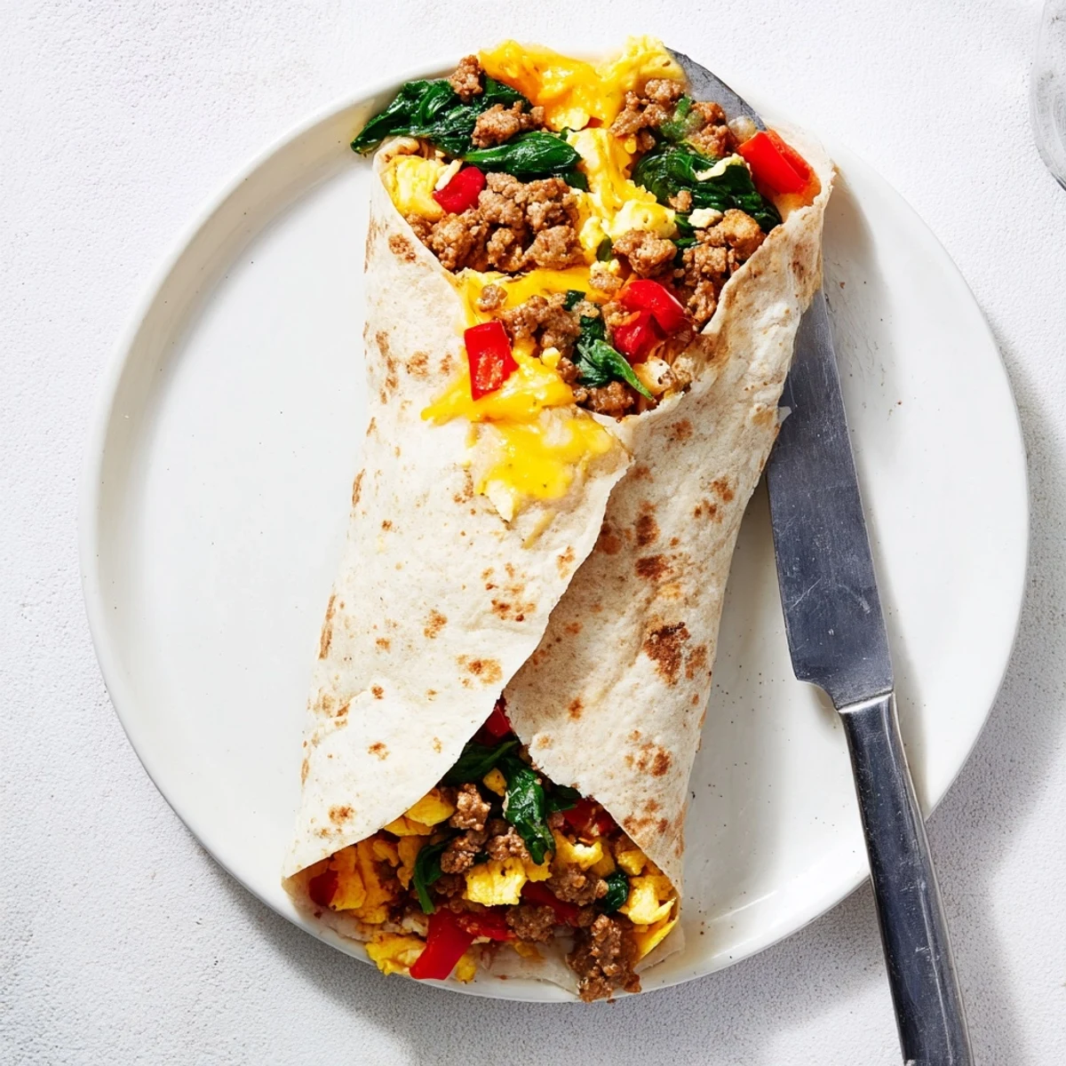 Golden freezer breakfast burritos stuffed with scrambled eggs, sausage, and melted cheddar cheese