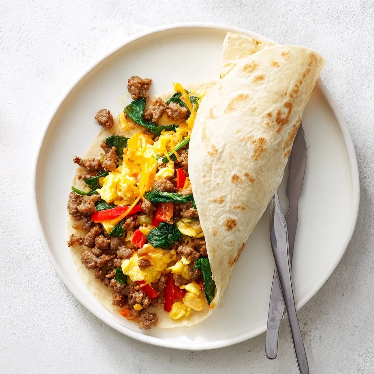 Crispy-edged freezer breakfast burritos packed with peppers, spinach, and cheesy egg filling