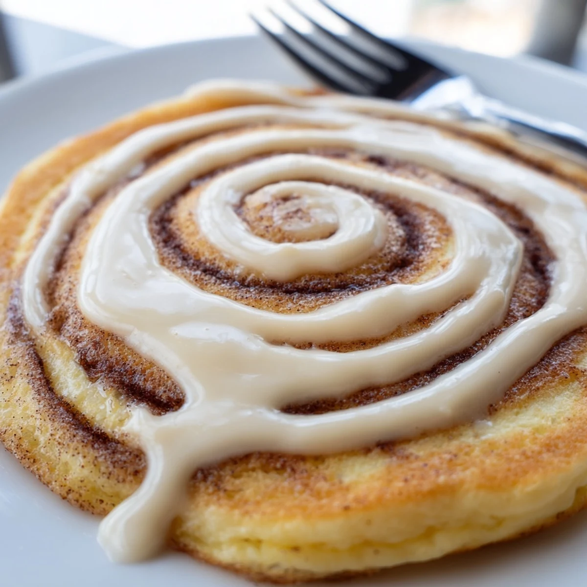 Golden cinnamon roll pancakes stacked high and drizzled with cream cheese icing