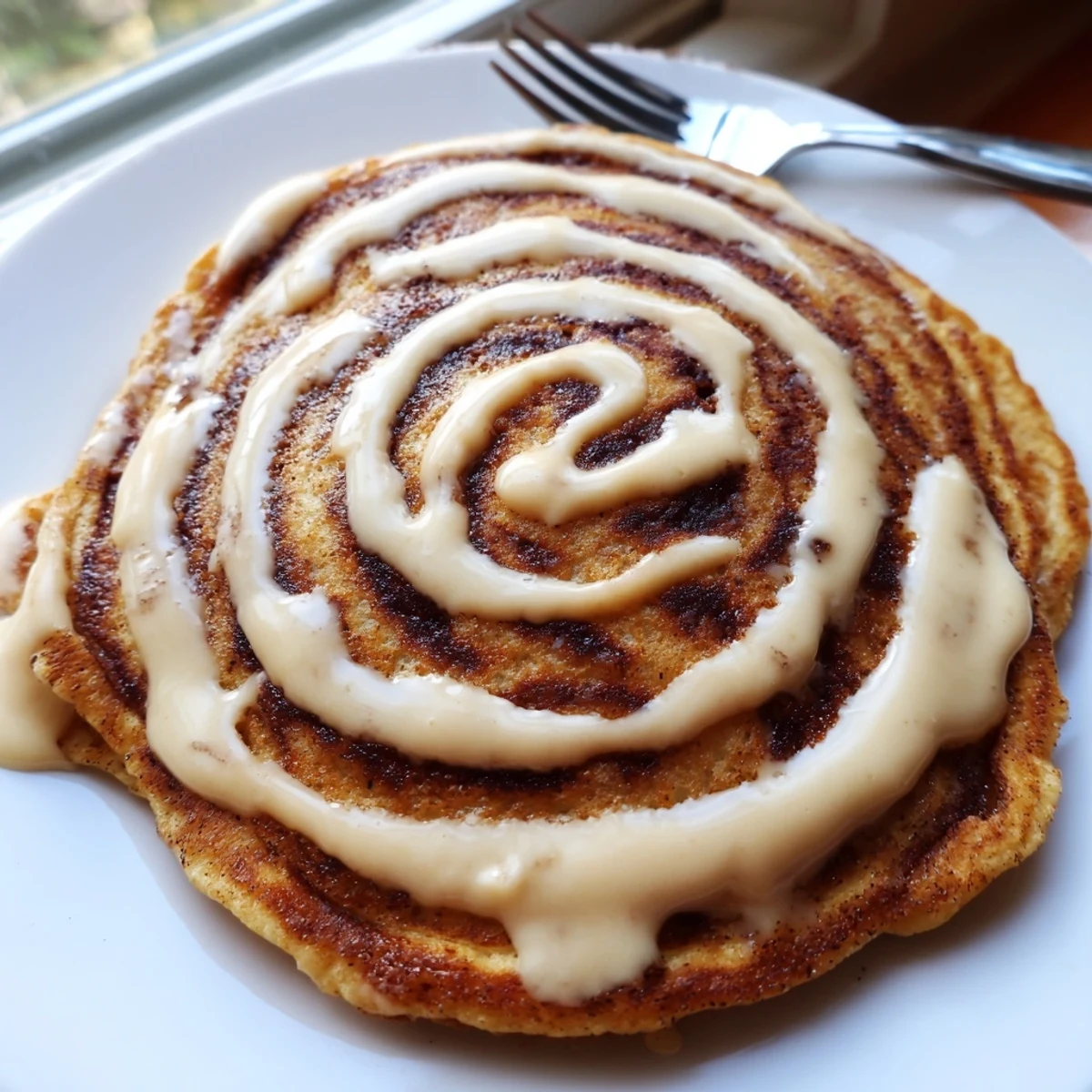 Fluffy cinnamon roll pancakes with a warm brown sugar swirl on a plate