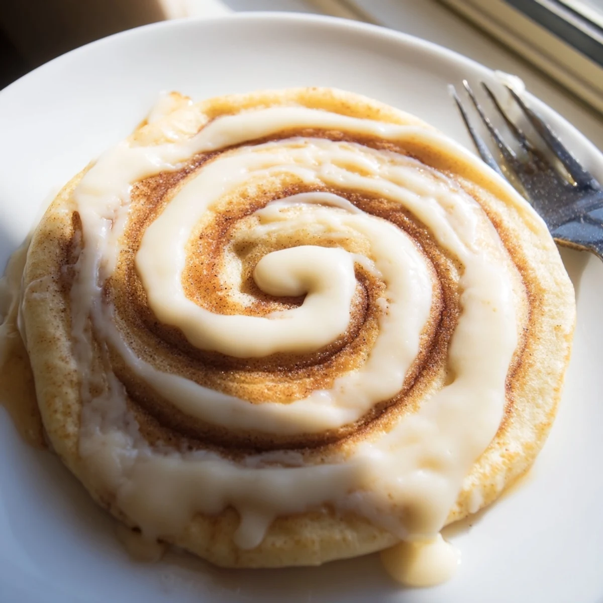 A stack of cinnamon roll pancakes topped with sweet cream cheese glaze