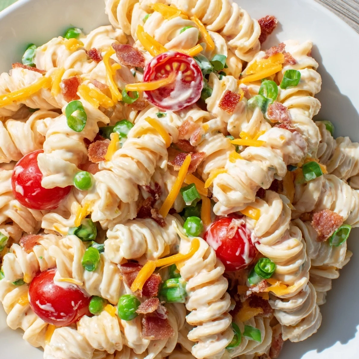 Colorful addictive crack pasta salad mounded in a bowl with visible cheddar and bacon bits